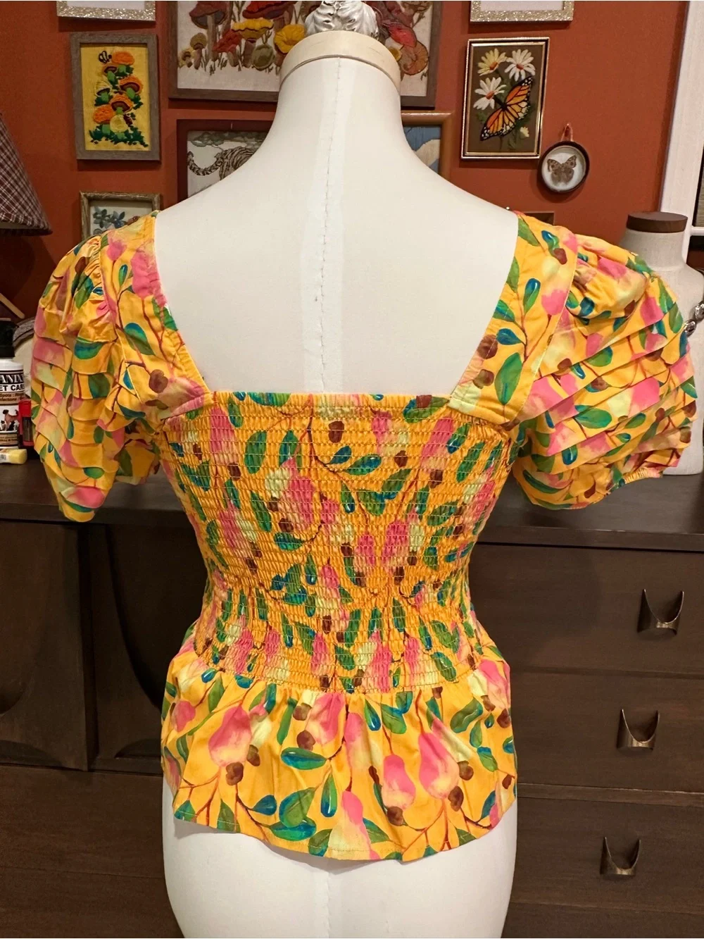 FARM Rio Yellow Smocked Floral Puff-Sleeve Top